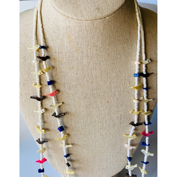 Native American mother of pearl fetish bird double layered Necklace 32" - Picture 2 of 6